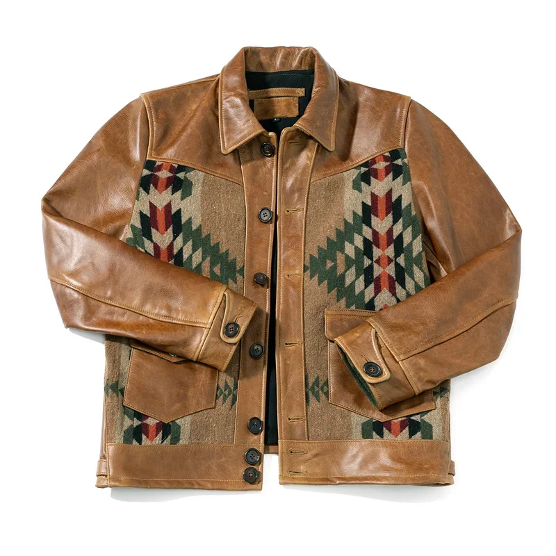 

American Vintage Jacket Men's Leather Navajo Style Color Matching Lapel Single-breasted Coat