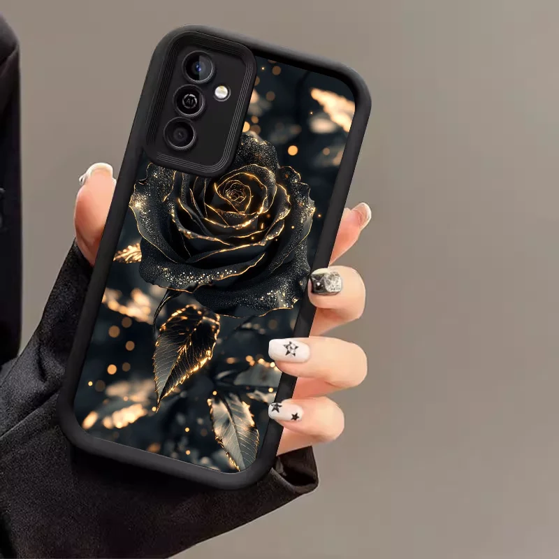 Elegant Black Gold Rose Flower Silicone Phone Case - Soft Cover Skin