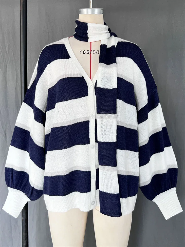 V-Neck Scarf Sweater Cardigan Female Contrast Casual Patchwork Autumn Hollow Out Outwear Women's Knitwear Coat Cardigan