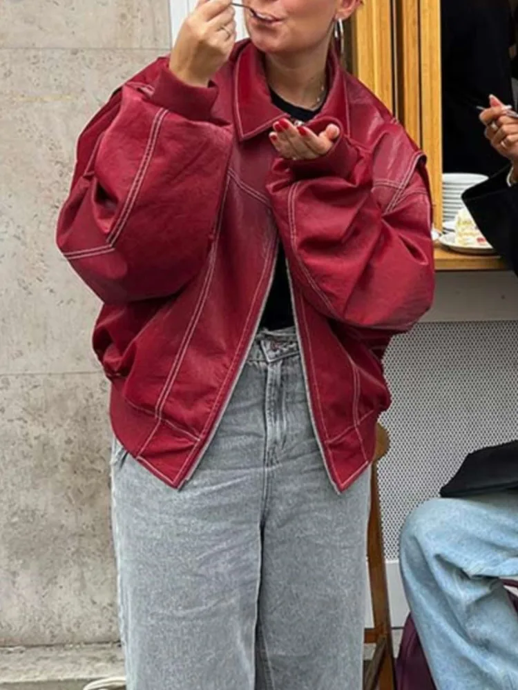 여성 오버사이즈 배색 스티치 레드 재킷, 캐주얼 긴팔 크롭 오버코트, 시크 스트리트 웨어, 2023 가을 겨울 패션 