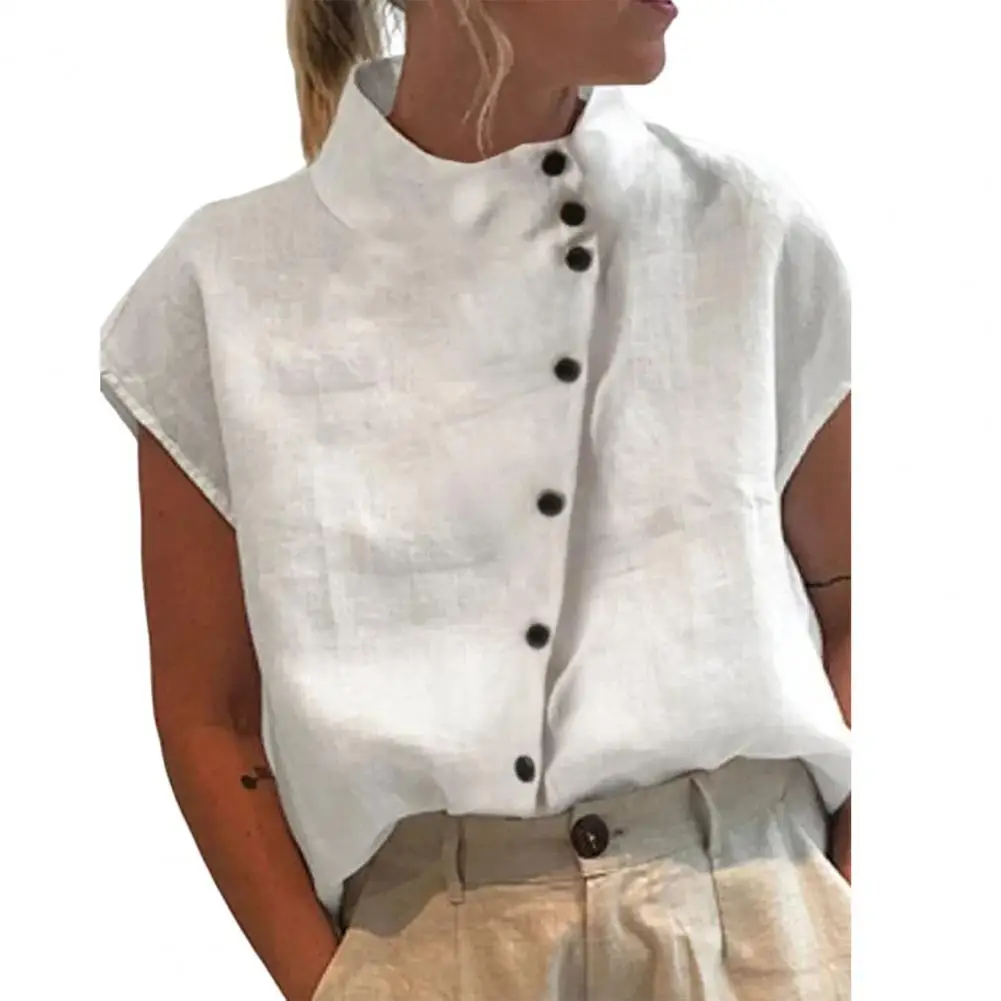

Stand Collar Raglan Short Sleeve Women Shirt Diagonal Buttons Placket Thin Summer Solid Color Loose Tee Top Streetwear