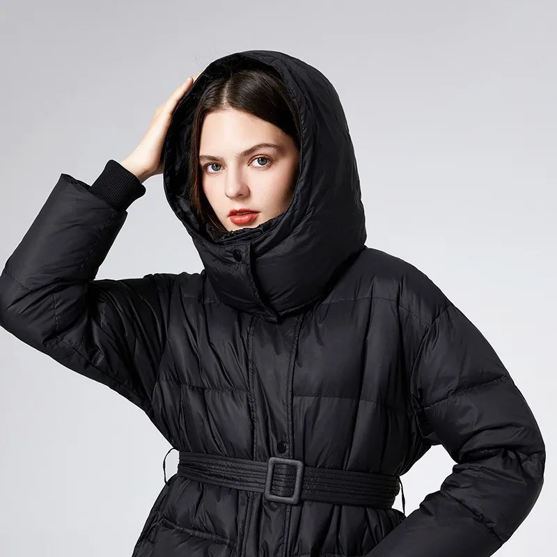 New Down Jacket with Waistband Closure White Duck Down Thickened Hood Black Green Coat for Women