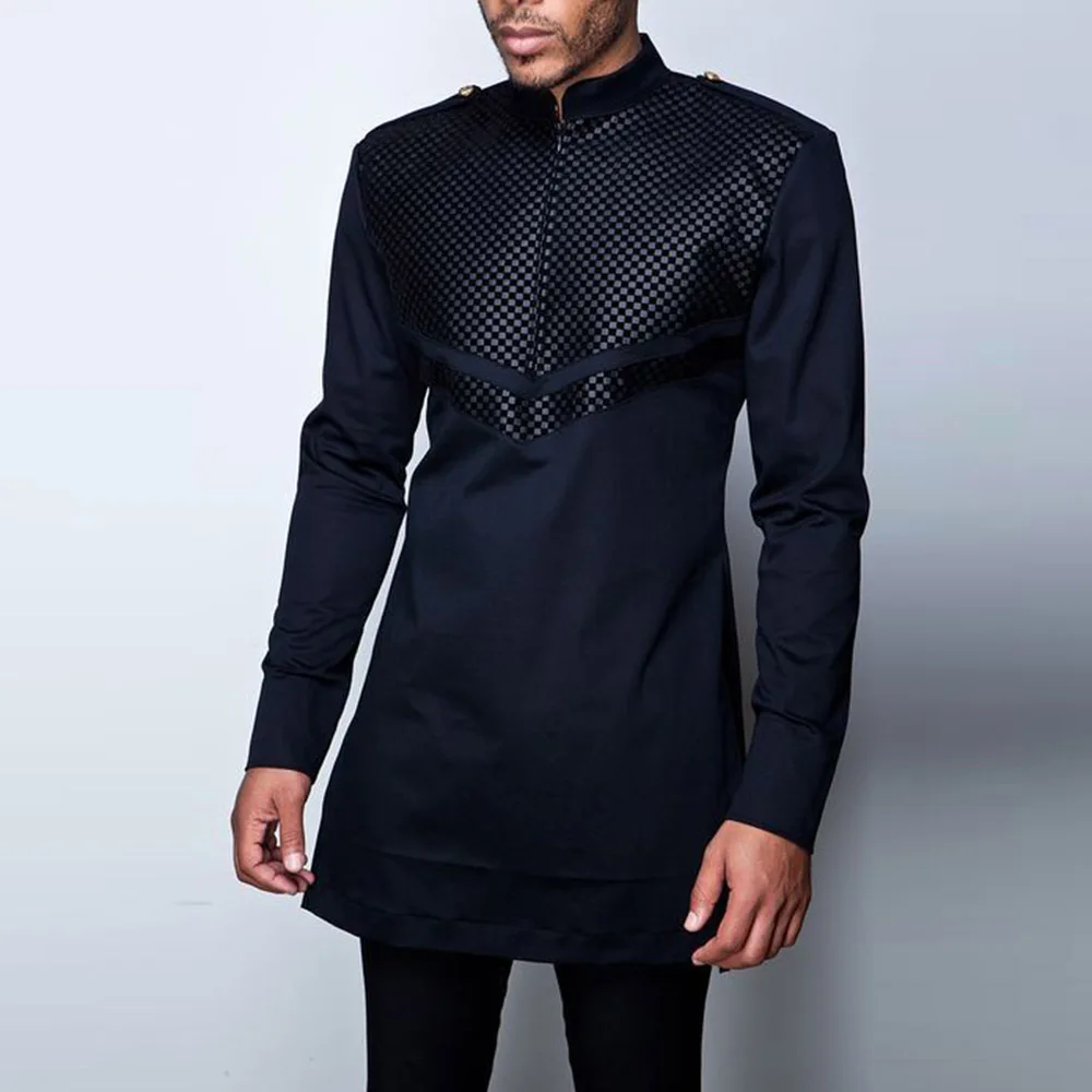 2023 Summer New In Long-sleeved Pu Review Splicing Black Fashion Casual Shirt African Ethnic Style Men's Top (M-4XL)