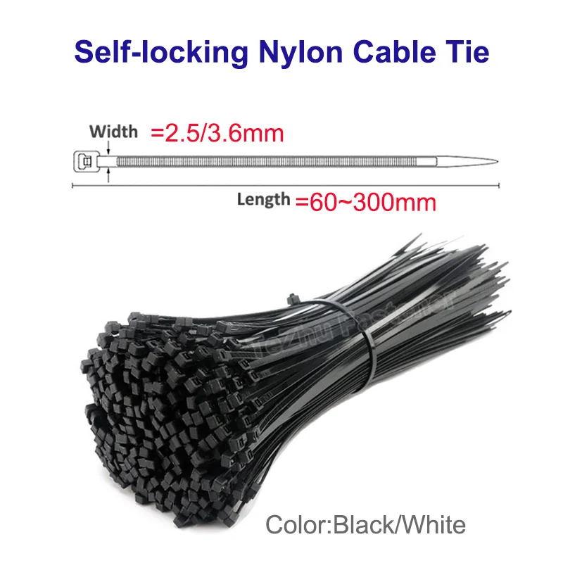 

250-1000pcs Self-locking Plastic Nylon Cable Tie Black White 4x300 Cable Organizer Tie Fastening Ring 3x200 Industrial Cable Tie