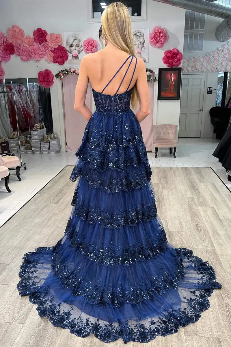 One Shoulder Tiered Ruffle Sequin Prom Dress Lace Sparkly Tulle Corset Formal Evening Dress A Line Long Ball Gown With High Slit