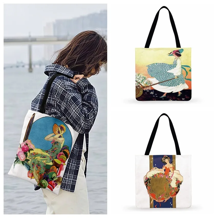 

American Retro Fashionable Lady Painting Print Tote Bag Women Casual Tote Ladies Shoulder Bag Foldable Shopping Bag Beach Bags