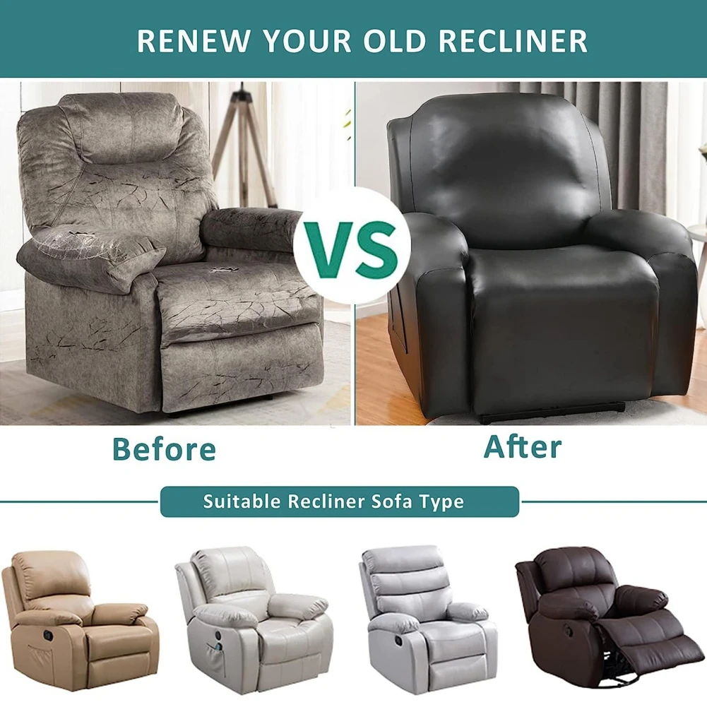1/2/3 Seat Waterproof Recliner Sofa Cover PU Leather Armchair Cover Solid Color Elastic Relax Single Sofa Slipcovers Home Hotel 3