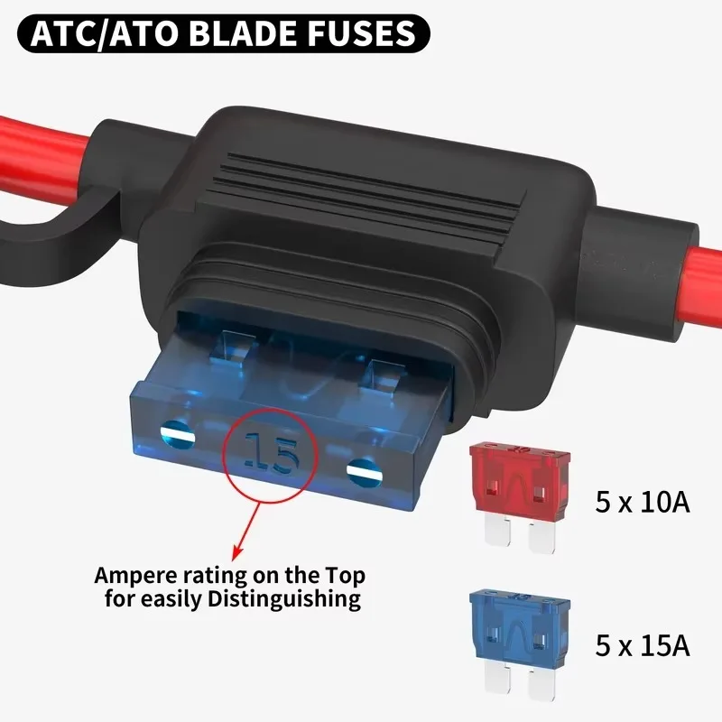 18 Gauge Fuse Holder 5PCS 12V ATC/ATO Blade with 18 AWG Wires 10A 15A Fuse Car