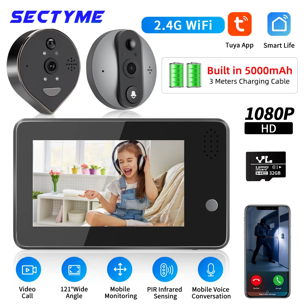 Sectyme-Sonnette vidéo intelligente Tuya, détection de mouvement PIR, caméra judas, audio bidirectionnel, vision nocturne, WiFi, 1080P