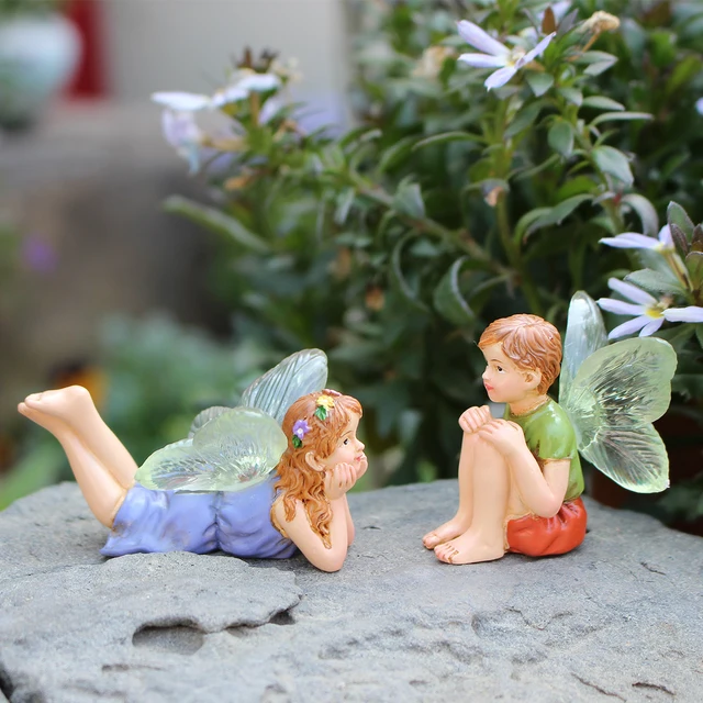 2pcs Funny Fairy Boy And Girl Statue, Fairy Garden Accessories, Resin Sculpture For Micro Landscape Flowerpot Lawn Yard Garden F