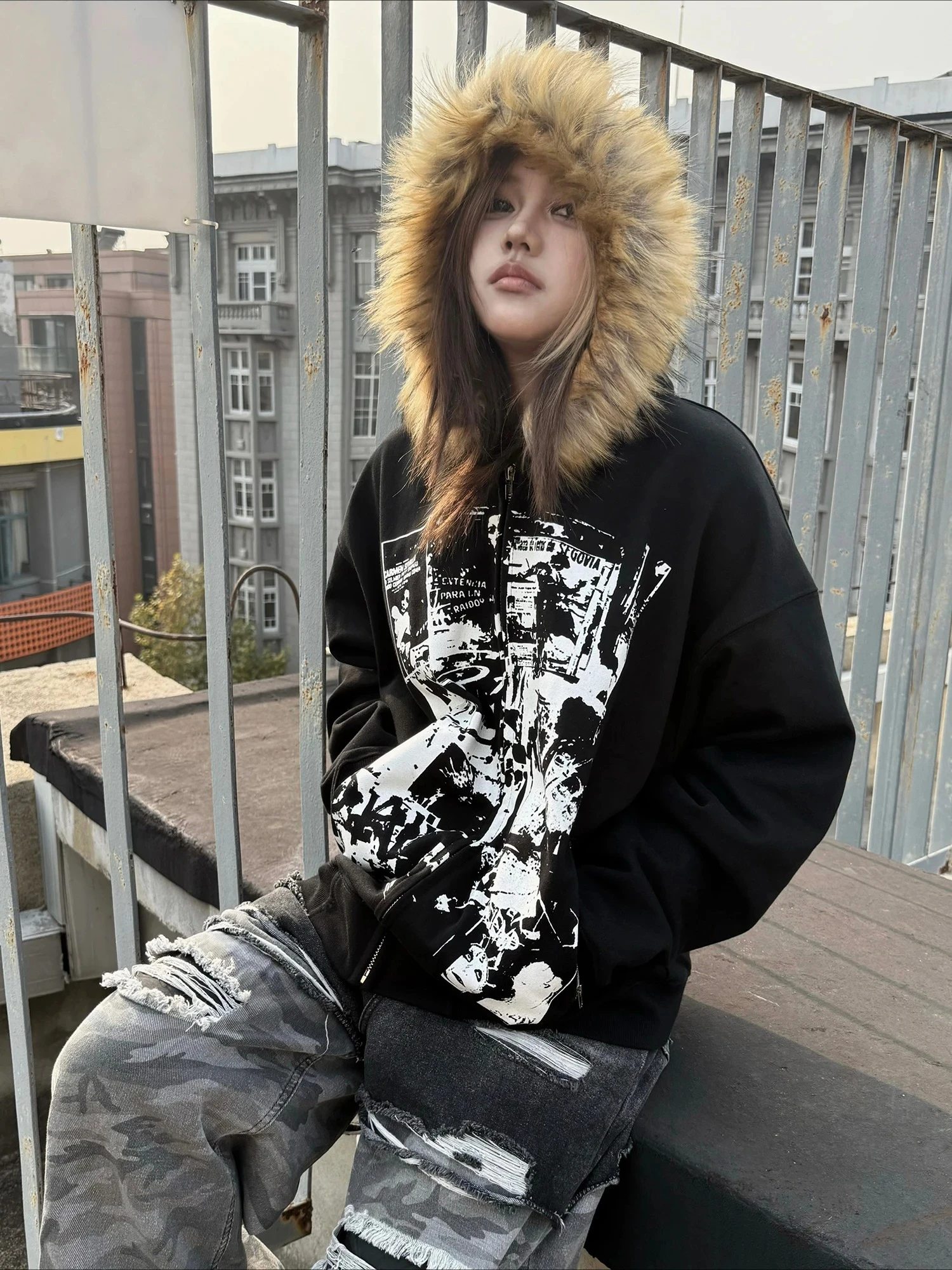 2026 Spring Punk Gothic Y2k Fur Hooded Coat Grunge Aesthetics