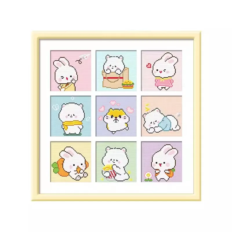 KS 14CT 40X40cm Cartoon Rabbits Pre-Printed Cross Stitch DIY Embroidery Set Handicraft Floss Needle Crafts 35 Colors