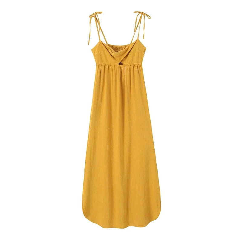 

2023 Summer New Women's Linen Blended Bowknot Suspender Dress Sexy v-Neck Backless Mustard Color Loose Slit Hollow Out Dress