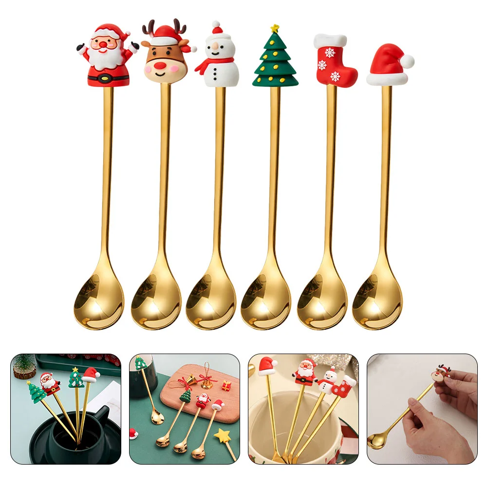 

Christmas Tree Tea Spoon Stainless Steel Tableware Dessert Coffee (Christmas Golden Six-piece Set-red Box) Cutlery