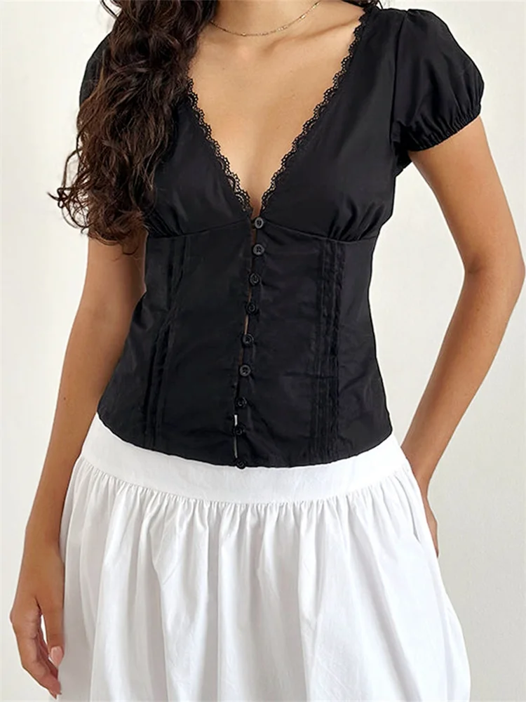 Women Summer Short Sleeve V Neck Lace Trim Tops