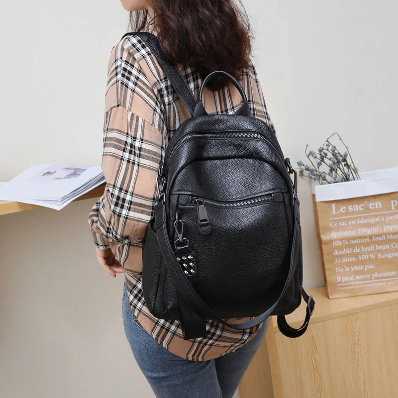 Fashion Leather Leisure Travel Backpack for Women, Large Capacity Trendy Black Backpack 3