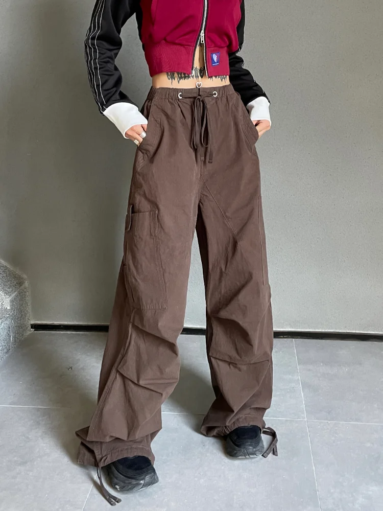 

ADAgirl Pockets Parachute Pants Women Drawstring Cargo Trousers Hippie 90s Streetwear Baggy Wide Leg Straight Sweatpants Casual