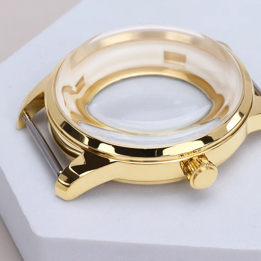 Elegant Stainless Steel Watch Case with Arched Glass and Transparent Back - Available in Silver, Gold, and Rose Gold Finishes