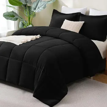 Queen Comforter Set Black - 3 Pieces, Soft All-Season Bedding with Down Alternative, Lightweight and Breathable 1
