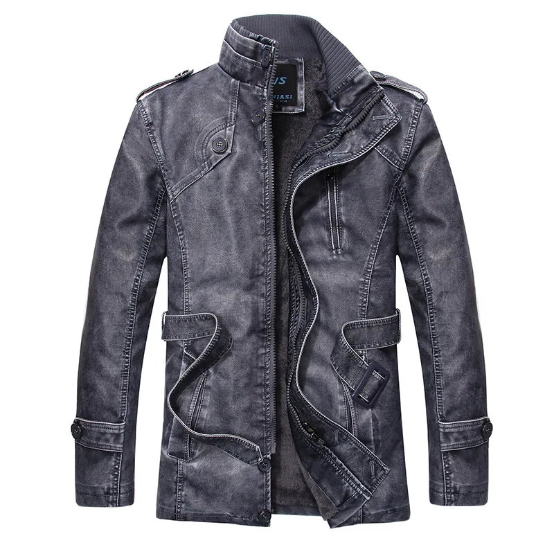

Autumn and Winter New Men Long Sleeve Standing Collar Leather Jacket Fashion Men's Business Banquet Casual Plush Warm Coat