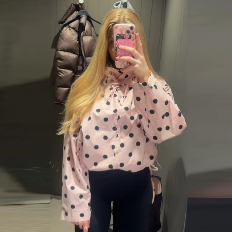 Chic Polka Dot High Neck Short Jacket For Women Long Sleeve Loose Lace Up Coat Commuter Casual Outwears 2026 New Lady Streetwear