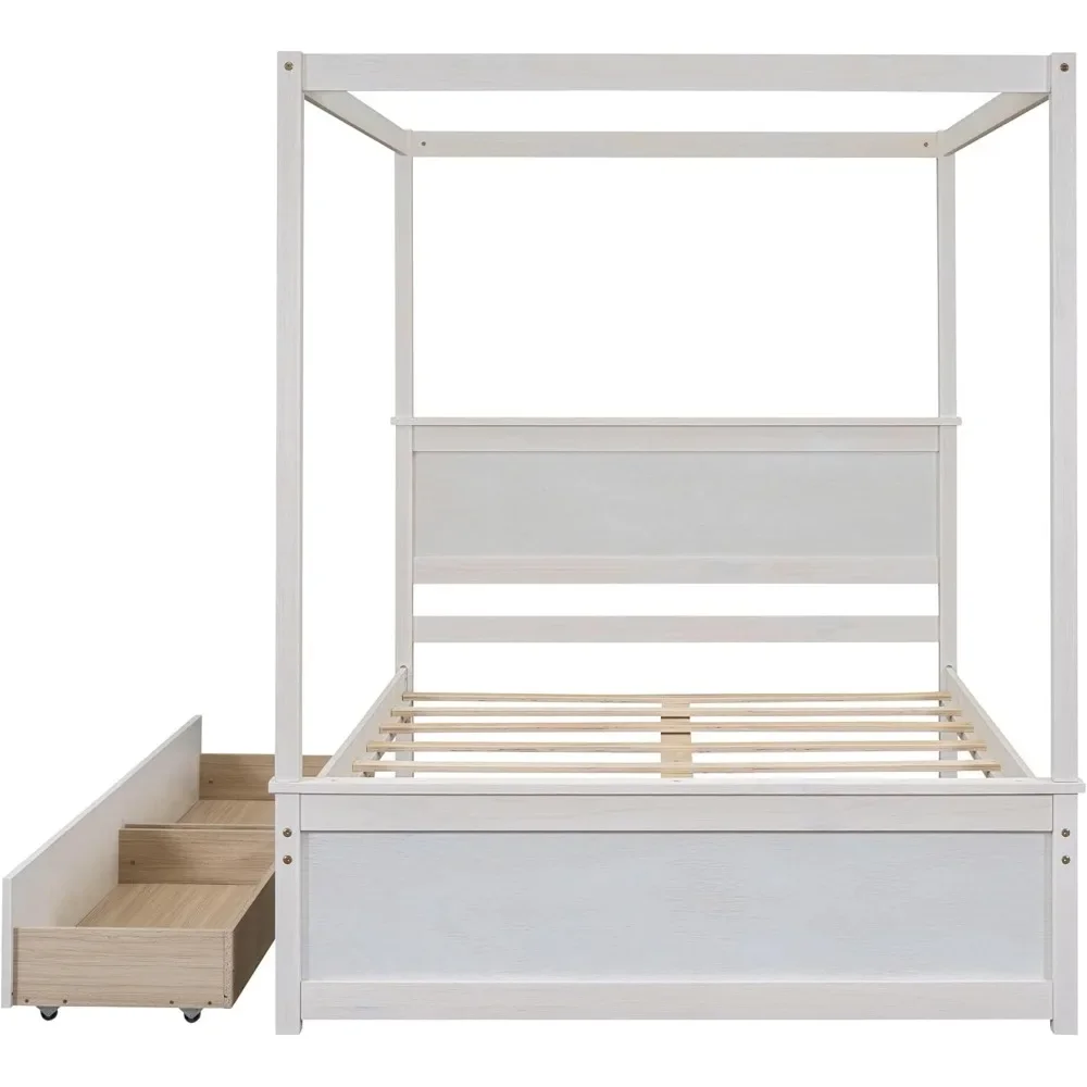 Full Size Canopy Bed Frame with 2 Drawers,Wooden Canopy Bed with Storage,Four Post Bed with Headboard for Kids Girls Boys 5