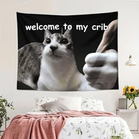 Tapisserie Meme de Chat Amusant pour Dortoir, Décoration Murale « Bienvenue dans Mon Nid », Bannière Bizarre pour Appartement Universitaire ou Chambre à Coucher 1