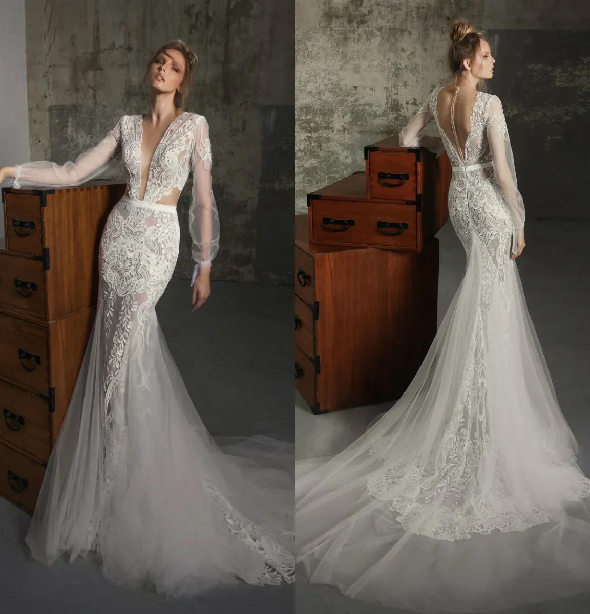 

Sexy Mermaid Wedding Dresses Deep V Neck Long Sleeve Lace Appliques Country Bridal Gowns Sweep Train Illusion Beach Vestido 2024