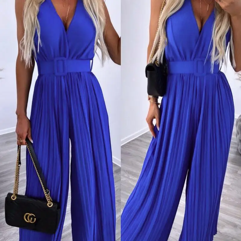 Jumpsuits Woman 2023 Summer Fashion New V-Neck Sleeveless Wide Leg Pleated Elegant Work One Pieces Jumpsuit Street Wear Clothing