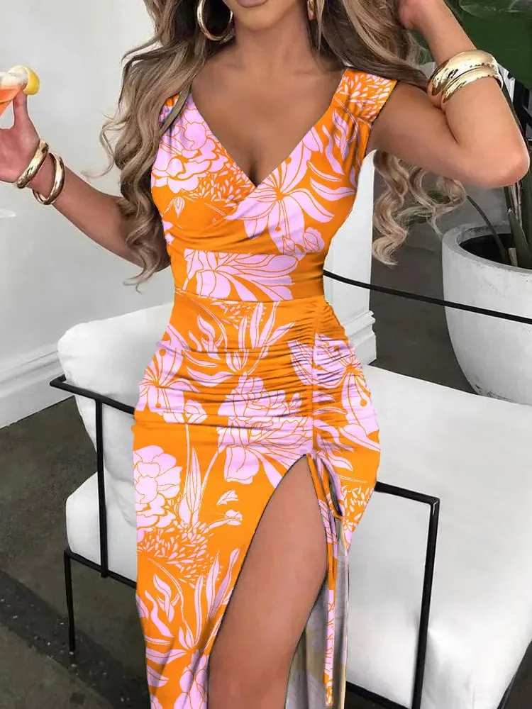 

Summer Sexy Slim V Neck Hollow Out Party Dress Elegant Female Patchwork Shirring Print Dress Vintage Lady Sleeveless Midi Dress