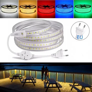 방수 LED 스트립 조명, 유연한 주방 야외 정원 램프 테이프, 스위치 전원 플러그, AC 220V, 60Leds/m 고휘도