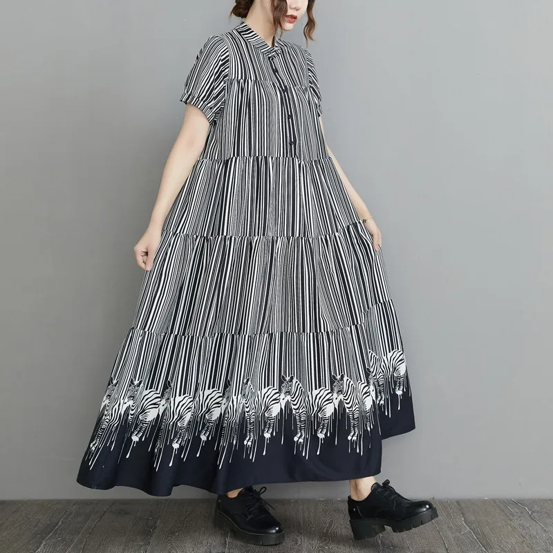 

2023 New Arrival French Style Patchwork Striped Street Wear Fashion Girl's Summer Blouse Dress Women Casual Long Dress