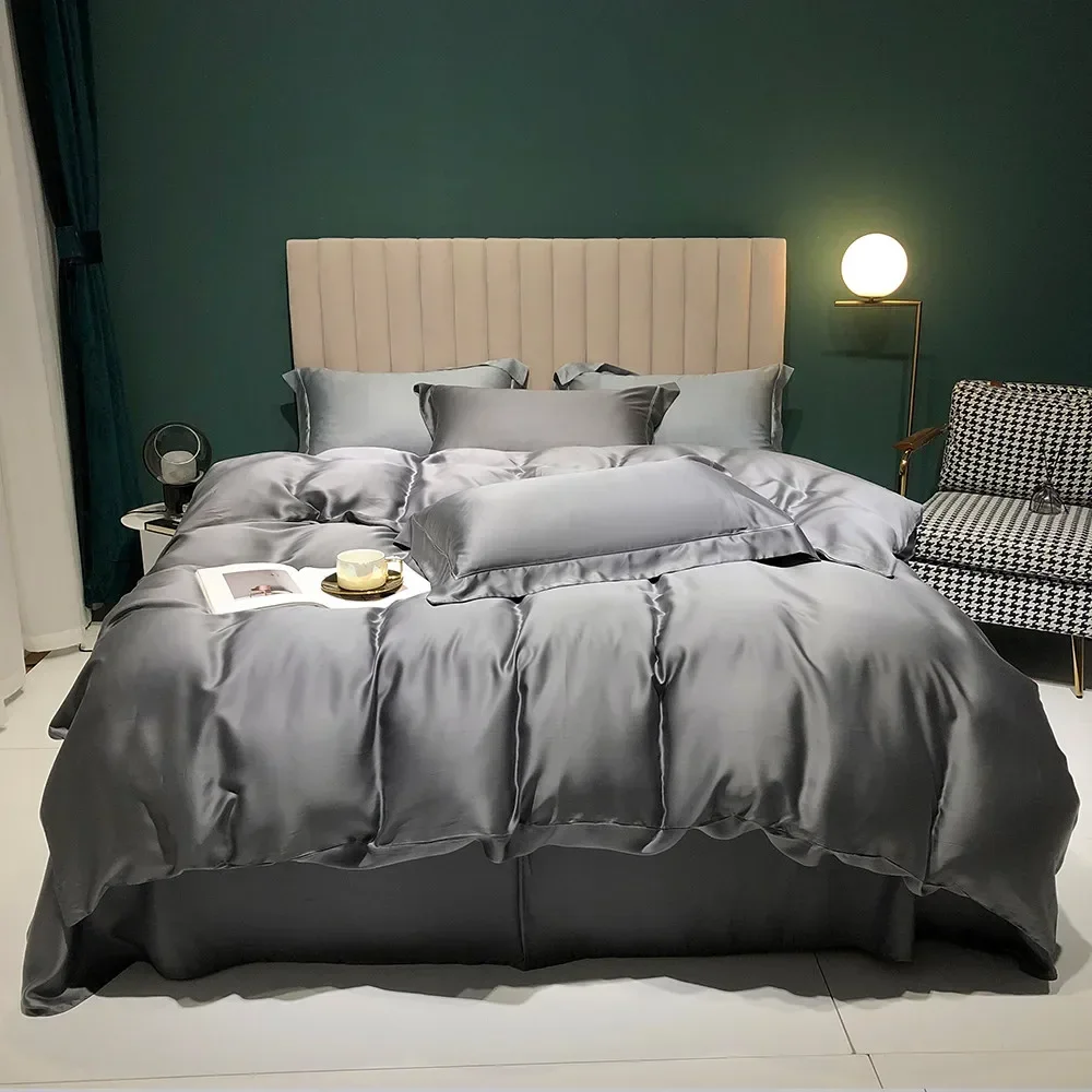 

Luxury 100% Silk Dark Gray Bedding Set Healthy Skin Duvet Cover Bed Linen Pillowcase Flat Sheet Or Fitted Sheet Set