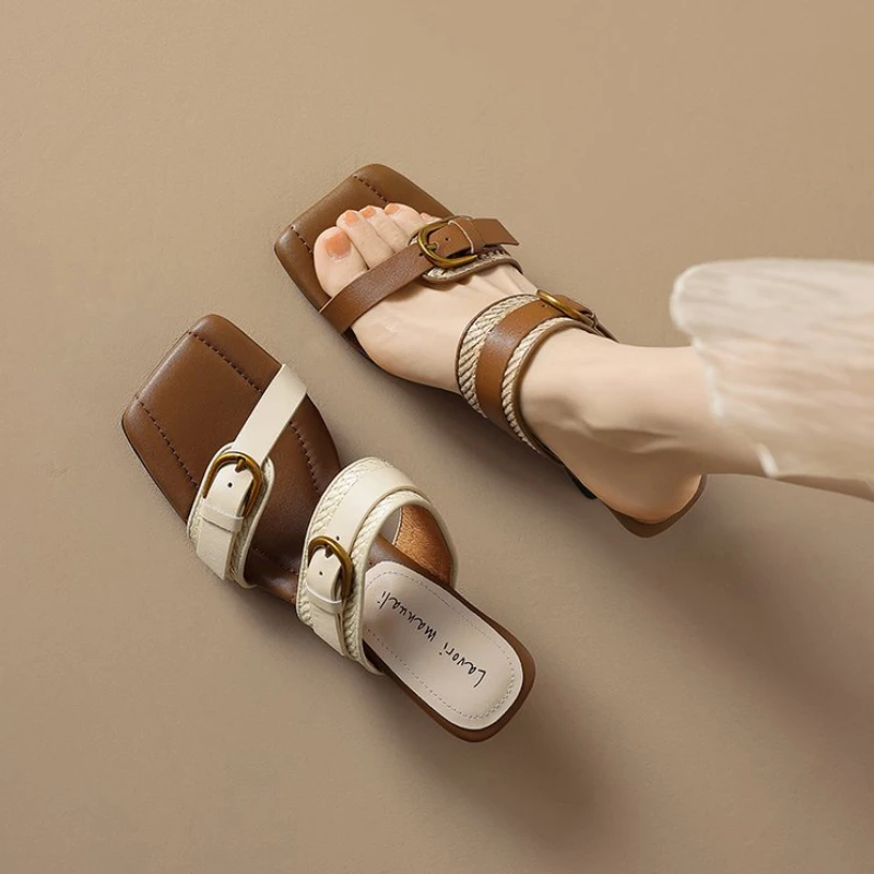 Vintage Braided Belt Buckle Open Toe Wedges Women's Summer New Square-toed High-heeled Slippers