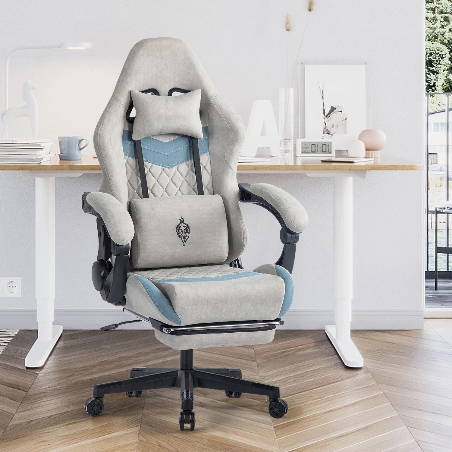 Chaise Gaming Grise 150 kg avec Accoudoirs Auto-Réglables et Repose-Pieds 1