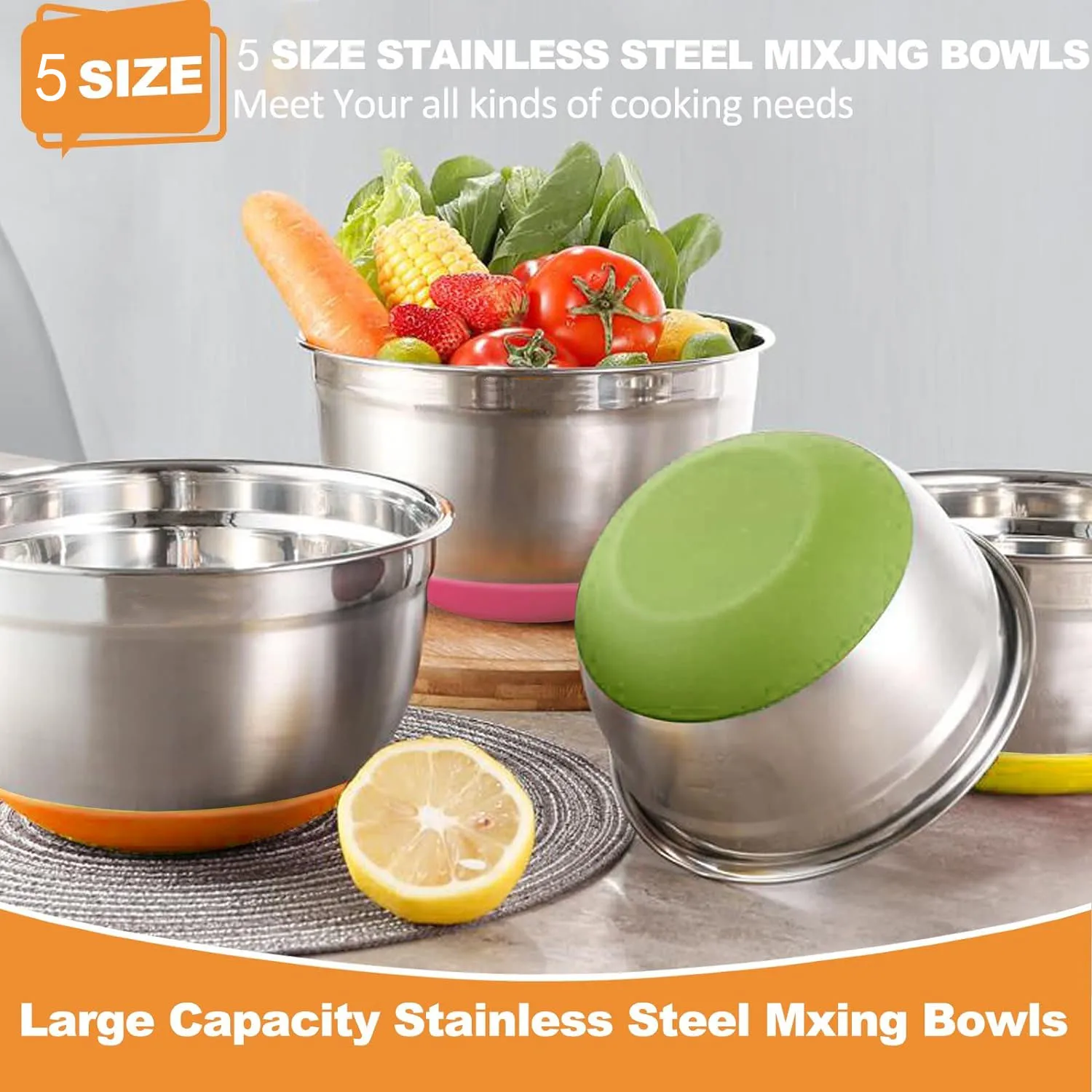 5pcs Mixing Bowls, Stainless Steel with Sealed Lid, Non-Slip Bottom, Size 1.5/2/2.5/3.5/4QT, Perfect for Food Storage 4
