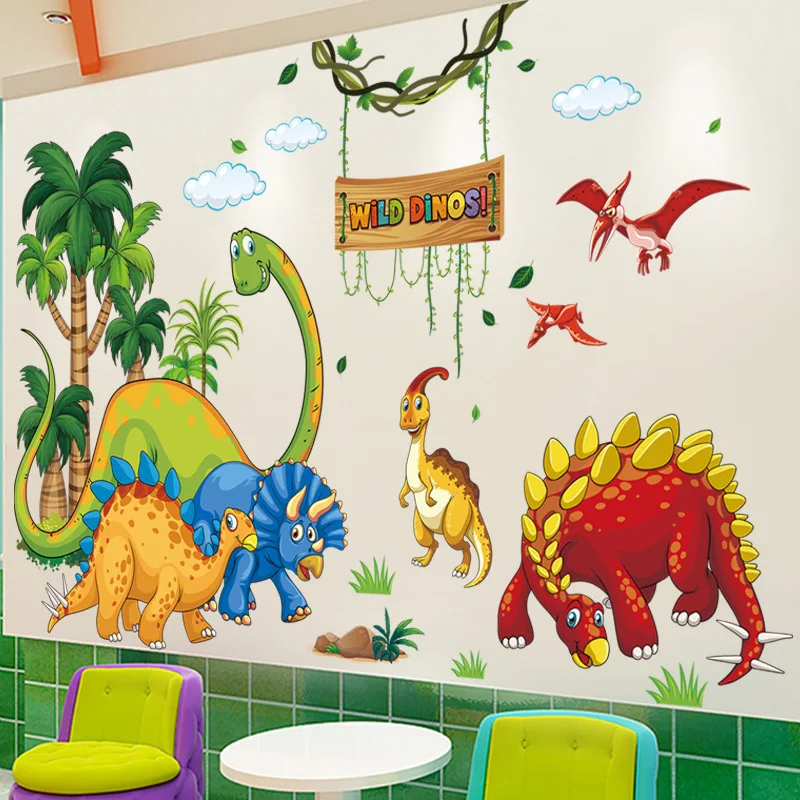 Wall Stickers Large Cartoon Wild Dinos Zoo For Child Boys Room Nursery Tile Decor Art Bedroom PVC Decals Home Decoration Murals