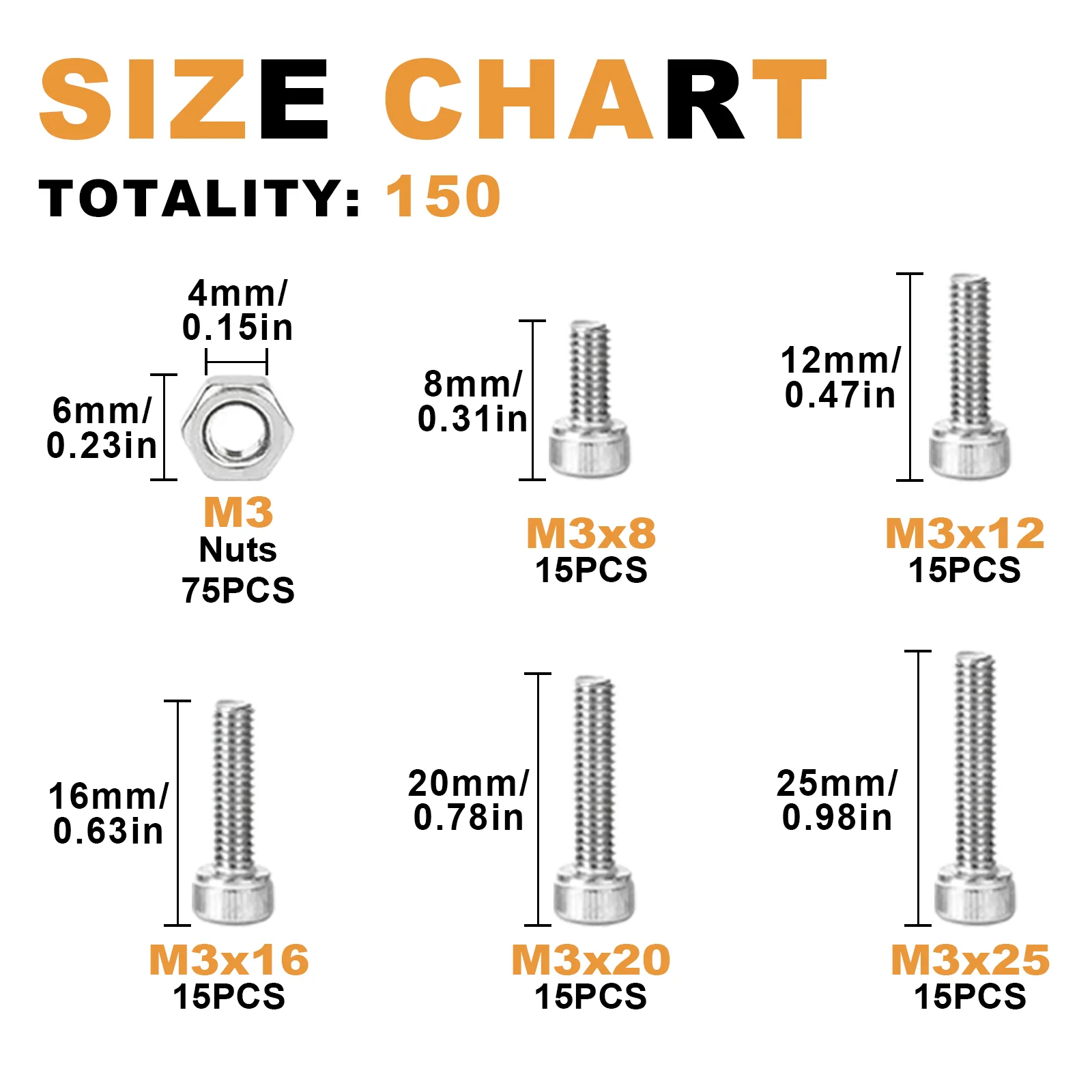 150PCS Hex Head Screw And Nut Set M3 Stainless Steel For Small DIY Repair Projects screw bolt nut set