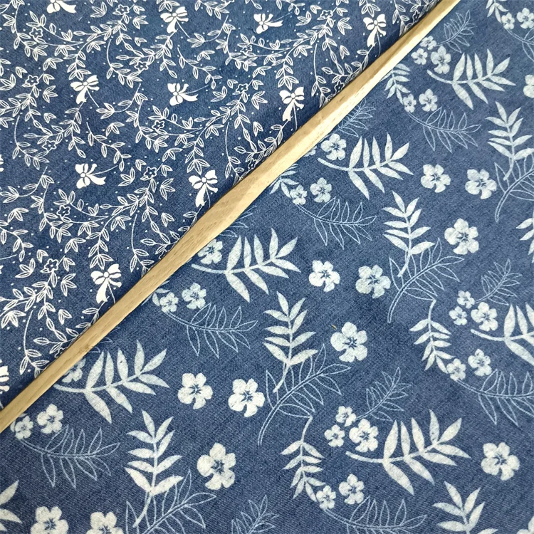 Summer Thin Printed Denim Fabric Blue Small Floral Children's Clothing Apparel Designer Fabric