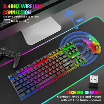 Wireless Gaming Keyboard and Mouse Combo,Rainbow Backlit Rechargeable 3800mAh Battery,87 Keys Mechanical Feel Keyboard 4