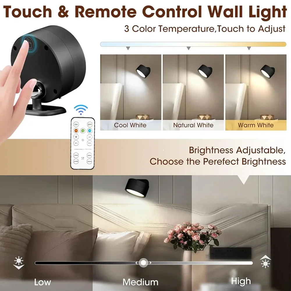 LED Wall Sconces light, 3 Brightness Levels 3 Color Modes Wall Lights Battery Operated 360° Rotatable Touch Control Wall lamp 2