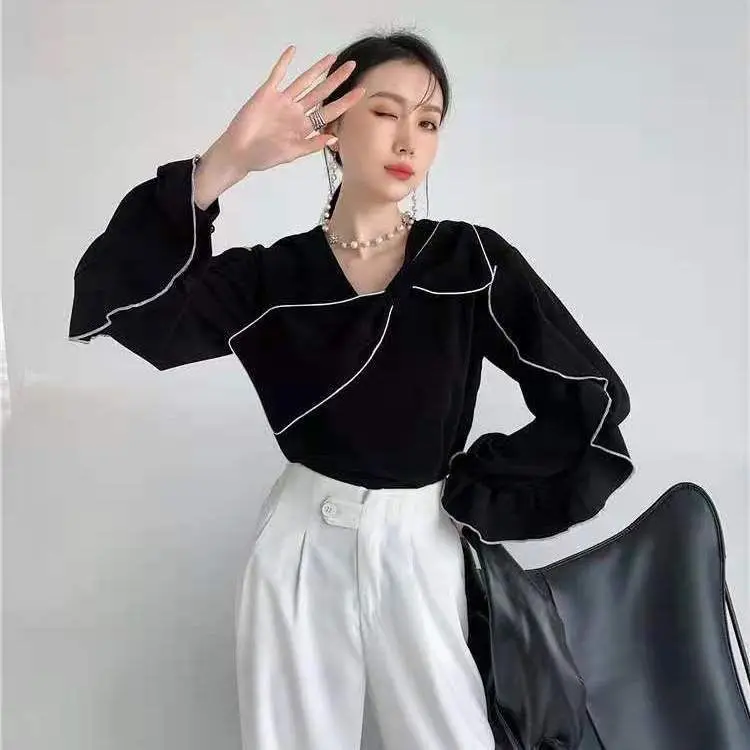 

Korean Fashion Bow Spliced Solid Blouse for Female Commute Loose Ruffles Long Sleeve Pullovers Shirt Autumn Women's Clothing