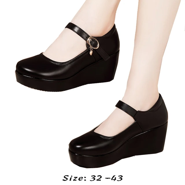 high quality leather shoe for women 7cm  wedge high heel platform round toe 32 33 42 43  elegant and fashion shoe black brown 1
