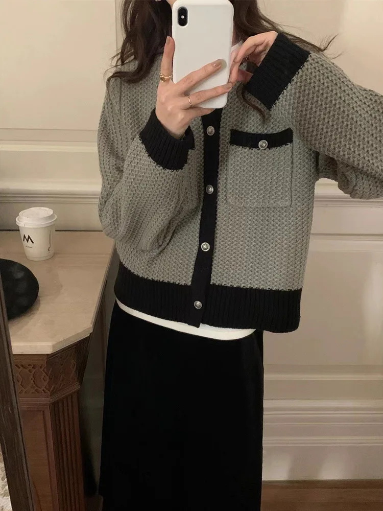 

Женский трикотажный кардиган во французском стиле, однобортный свитер с круглым вырезом и длинным рукавом, куртка, осень 2023, прямой свитер, пальто, Топ