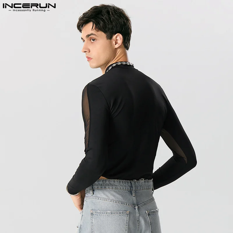 Men Bodysuits Mesh Patchwork Transparent Turtleneck Long Sleeve Rompers Male T Shirt Streetwear Fashion Bodysuit INCERUN