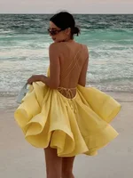 Summer Beach Pleated Women's Maxi Dress Sweet V Neck Sleeveless Lace Up Short Dresses Female Elegant Solid Lady Ball Gown Party 1