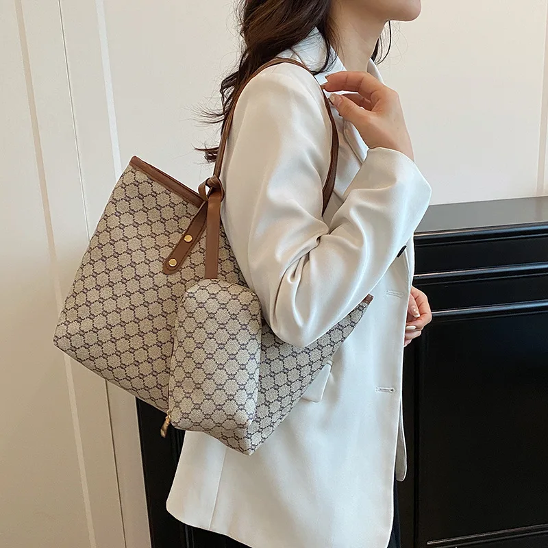 Borsa tote classica a stampa geometrica di grande capacità con piccola pochette, finiture in pelle marrone, set di borse a tracolla retrò per il lavoro. - immagine 2
