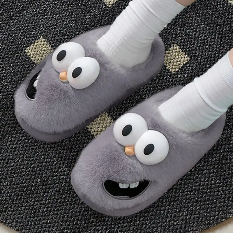 Furry Slippers For Women Plush Fuzzy Slip On Winter House Slippers Expression Warm Bedroom Shoes Cute 3D Cartoon Fluffy Slipper