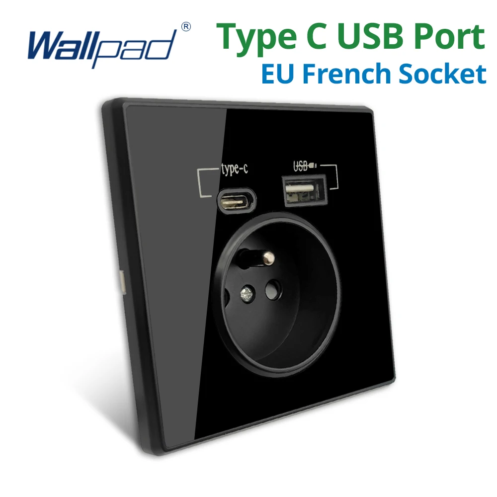 Wallpad Black Acrylic Mirror Panel Wall EU French Standard Power Socket With USB Charge Port Type-C Outlet 5V 2100mA