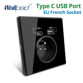 Wallpad สีดํากระจกอะคริลิคแผง EU ภาษาฝรั่งเศสคํามาตรฐานซ็อกเก็ต USB ชาร์จพอร์ต Type-C Outlet 5V 2100mA 1